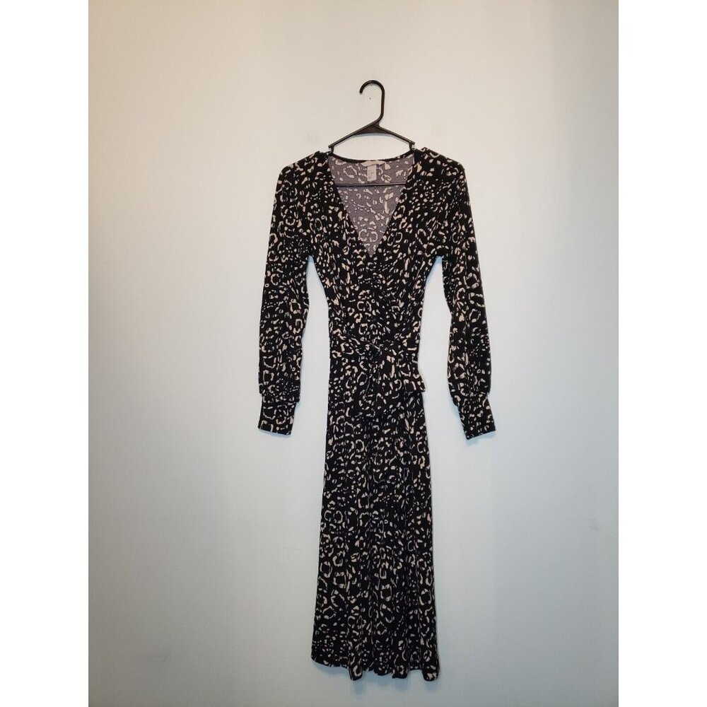 H&M Womens S Midi Dress Long Sleeve Deep V Neck Sash Tie Stretchy Geometric